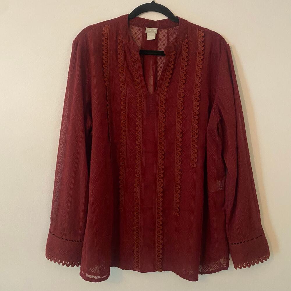 Chico's Burgundy Red Lace Sheer Popover Blouse Floral Boho Women's size 3 / XL